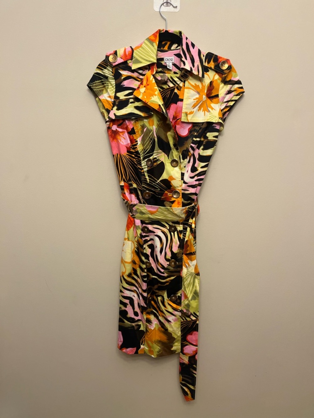 Vintage Cache Belted Shirt Dress Floral Animal Tropical Print Women's Size 4